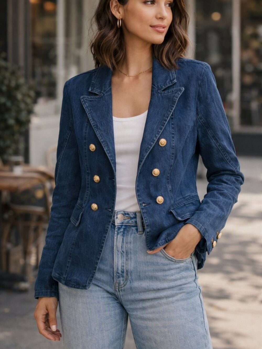 Vintage Women' s Double-Breasted Denim Blazer with Gold Buttons